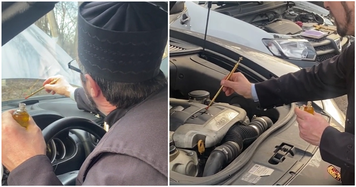 VIDEO. Sfințirea nu ajunge. Un preot a devenit viral pentru miruirea unui Porsche