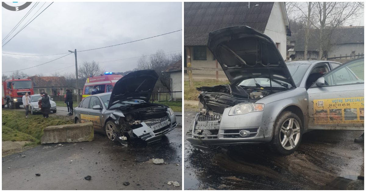 FOTO. Accident grav în județ. Un șofer a spulberat cu mașina un cap de pod