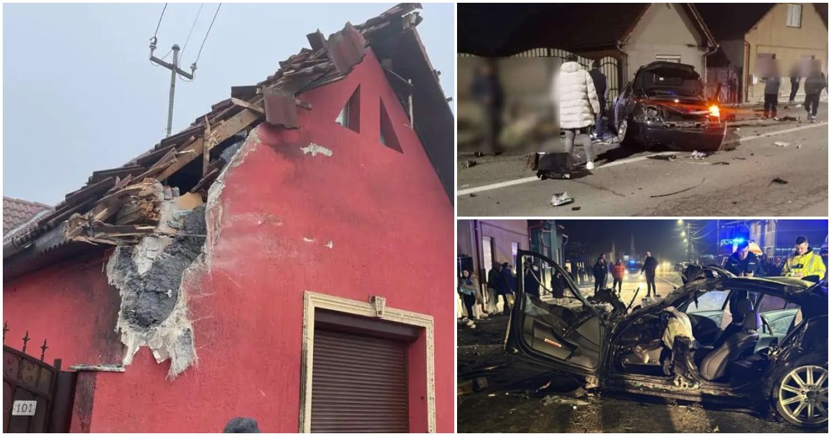 FOTOGALERIE. Un tânăr a zburat cu BMW-ul prin acoperișul unei case. Motorul, la 25 de metri distanță