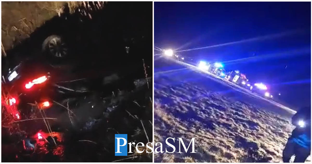 VIDEO. Accident în județul Satu Mare. Mașină răsturnată pe câmp, mobilizare a Poliției/Pompierilor