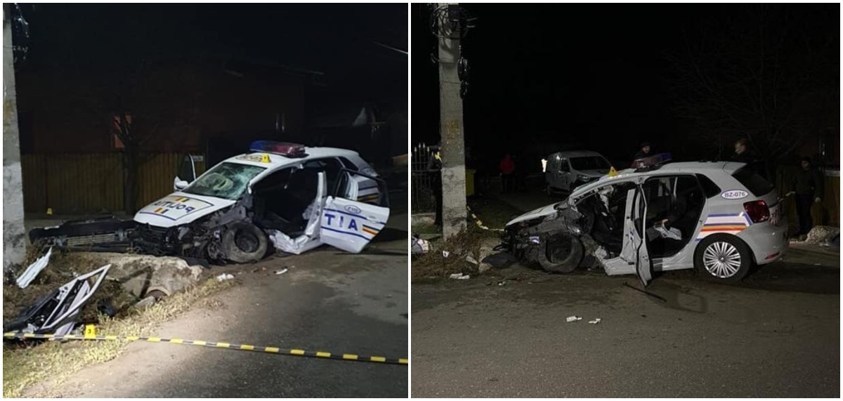 FOTO. Mașină de poliție făcută praf. Urmărire ca-n filme, pieton lovit, ”șofer” fără permis