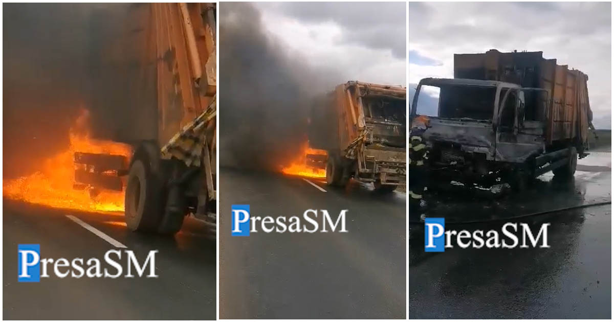 FOTO/VIDEO. Incendiu pe un drum din județul Satu Mare. Mașina de gunoi, cuprinsă de flăcări