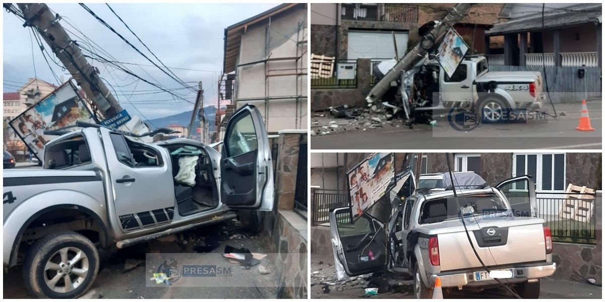 FOTO. Doi iubiți (22/20 ani) la un pas de tragedie. Mașina a spulberat un stâlp