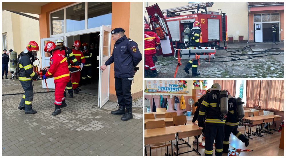 FOTO. Desfășurare de forțe a pompierilor la o școală din municipiul Satu Mare. Elevii, evacuați (exercițiu)