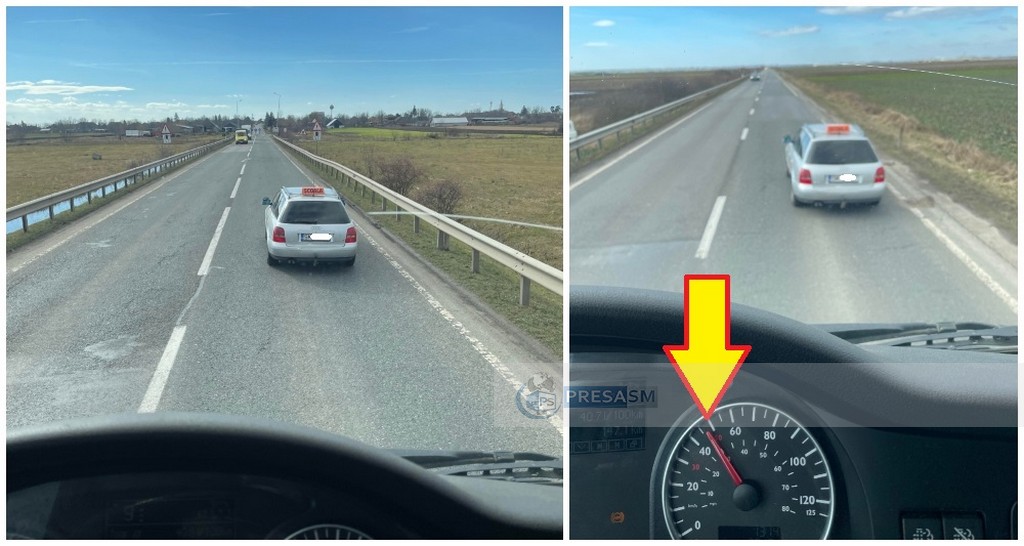 FOTO. Cu 40 km/h pe DN19, spre Carei. Sătmărean, despre mașina-școală: ”E bătaie de joc”