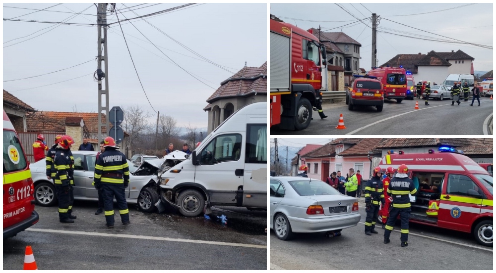FOTO/VIDEO. Accident grav, cu 14 victime! Microbuz, plin cu copii, impact frontal cu un BMW