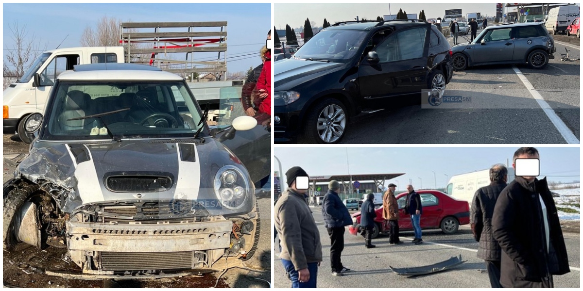 FOTOGALERIE. Accident în lanț pe Drumul Careiului. BMW în parapet, Mini Cooper bușit serios, Dacia cu ușa îndoită