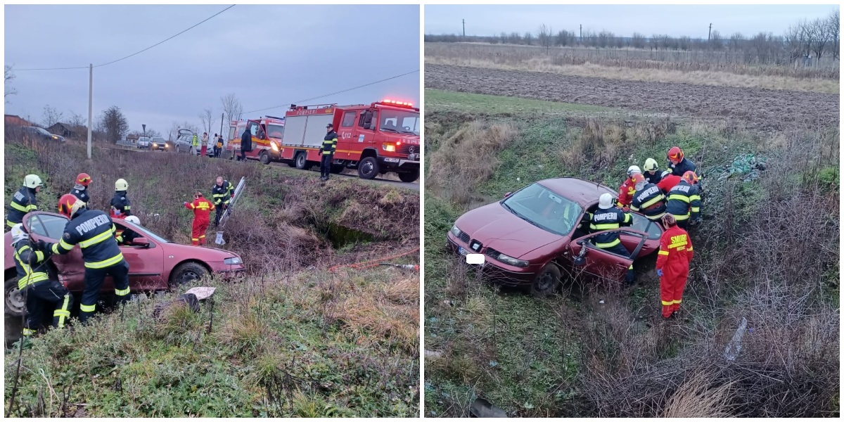 FOTO/VIDEO. Accident grav în județ! O mașină a zburat de pe drum, șofer încarcerat