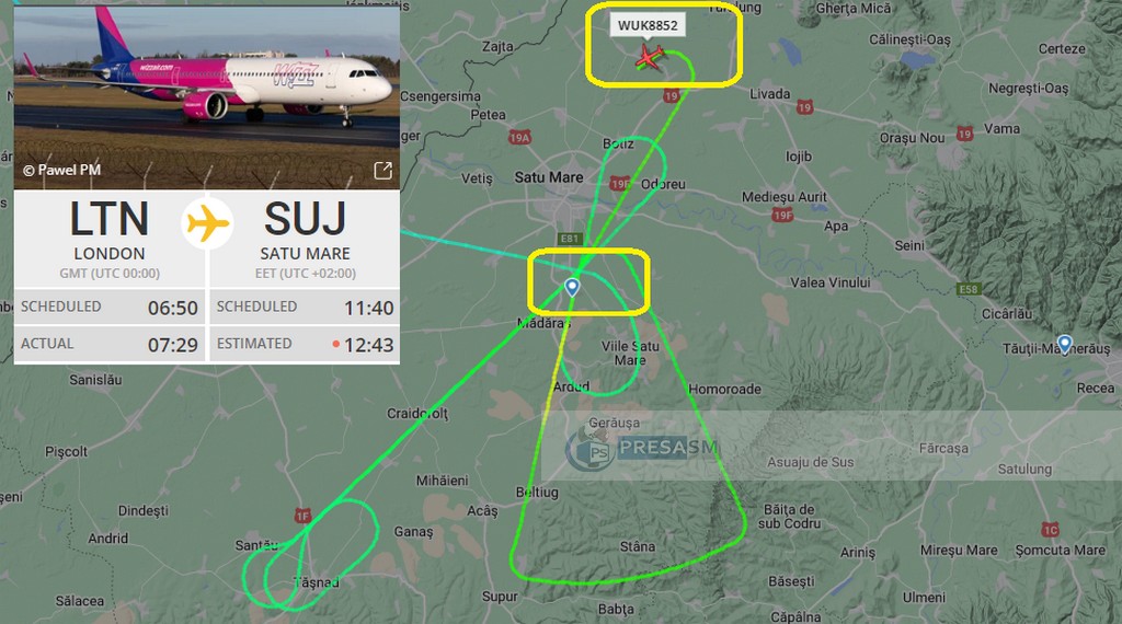 FOTO. Avionul Londra - Satu Mare nu poate ateriza. Survolează județul de o oră