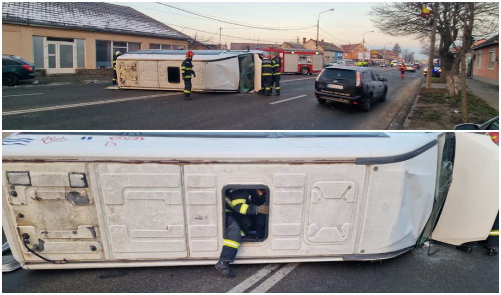FOTO. Microbuz răsturnat pe mijlocul drumului, 15 persoane au fost transportate la spital, în județul Bihor