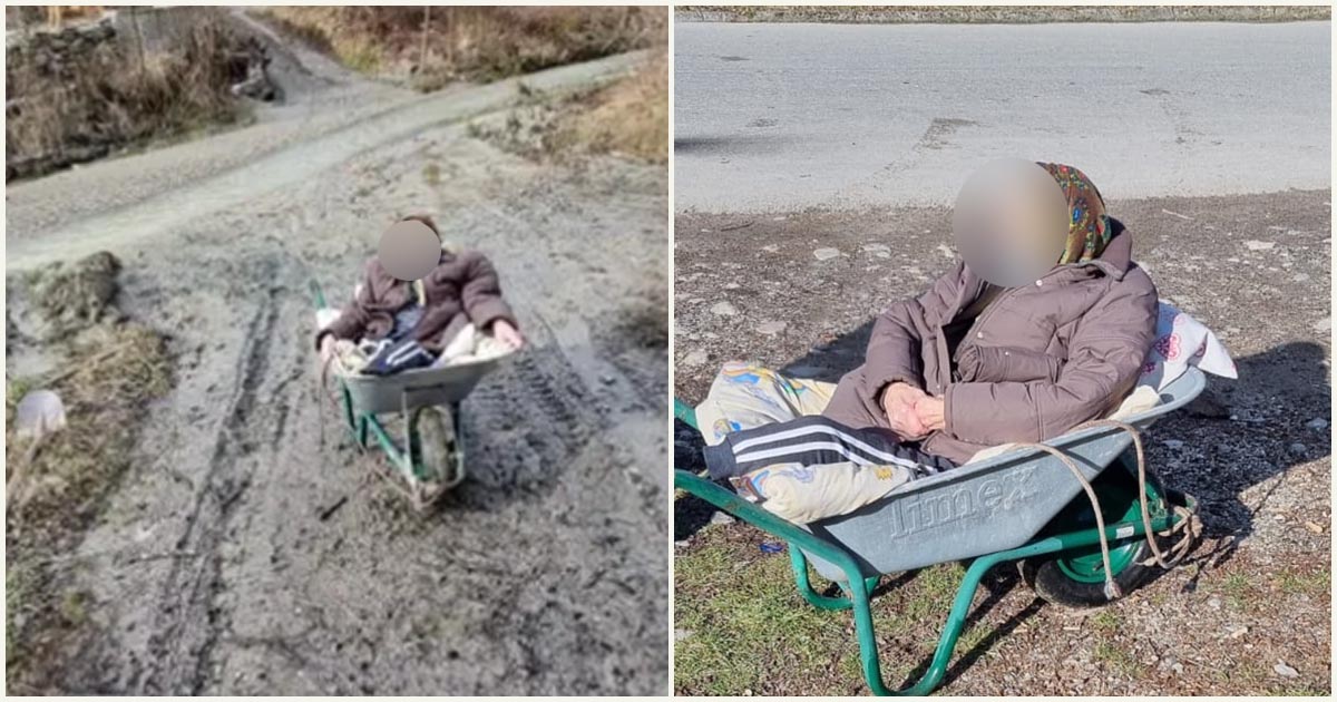 FOTO/VIDEO. România anului 2023. Femeie de 84 de ani, bolnavă, dusă cu roaba la ambulanță