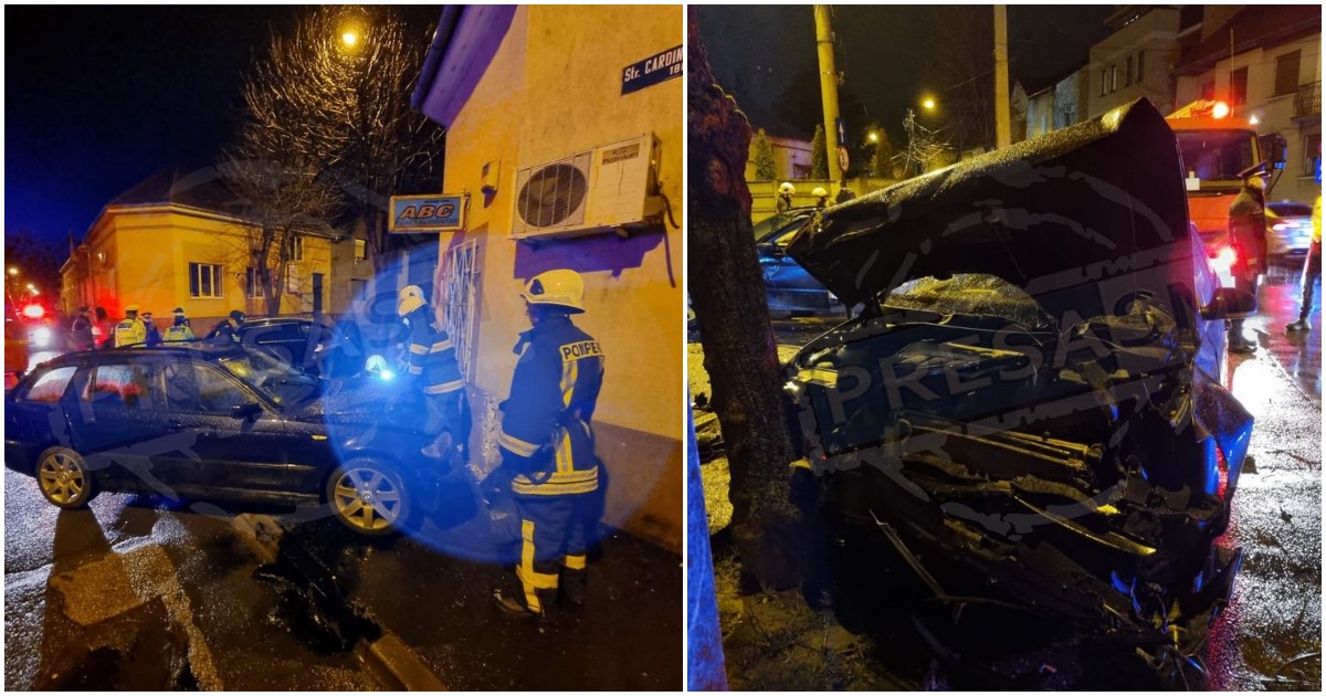 FOTOGALERIE. Impact violent în Satu Mare. O mașină în copac, alta în magazin
