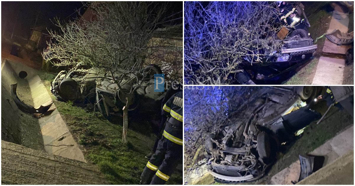 FOTO/VIDEO. Accident teribil în județ. Multiple victime, mașină răsturnată, copac spulberat