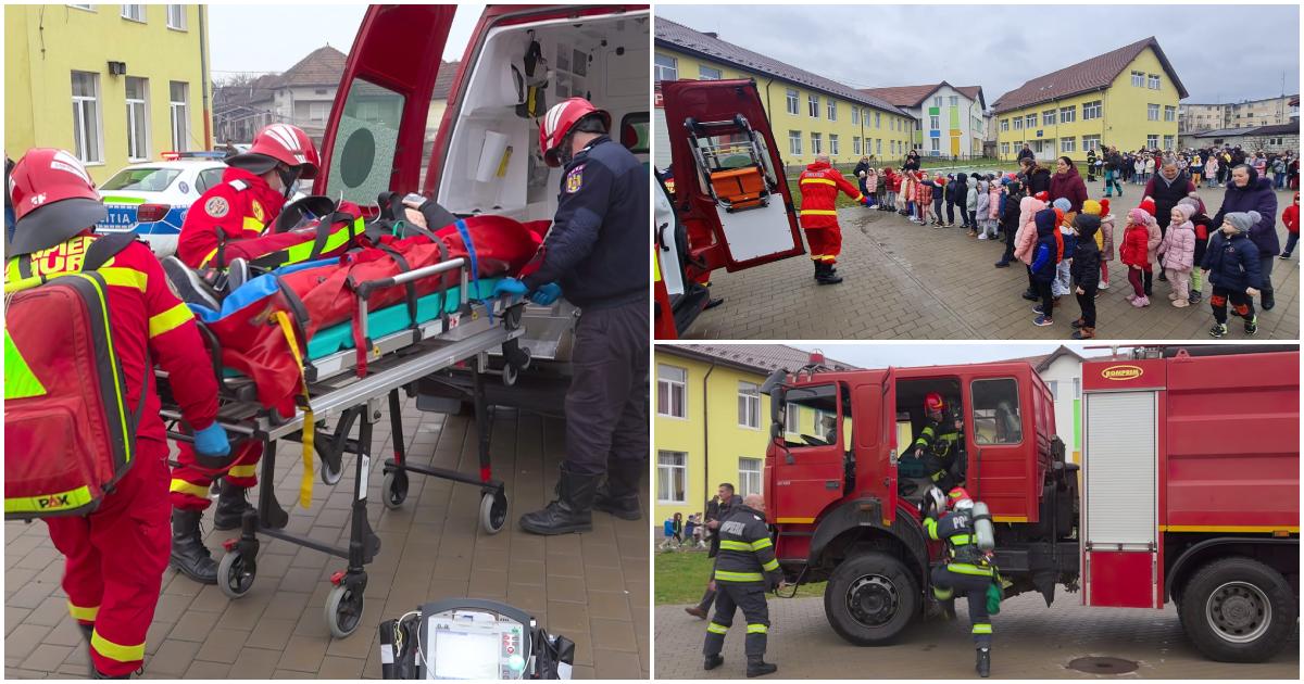 FOTOGALERIE. Sute de elevi evacuați dintr-o școală din județul Satu Mare. Au intervenit pompierii (exercițiu)
