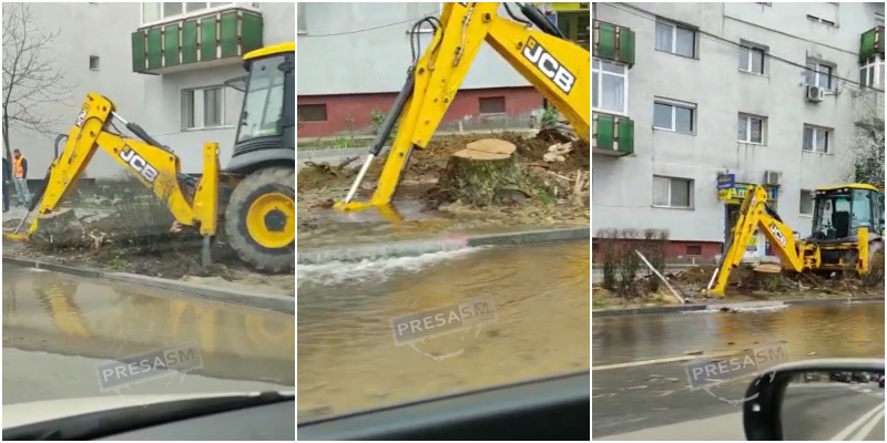 VIDEO. Ștrand pe bulevard, în Cartierul Micro 17! Dorel a spart o conductă, cu excavatorul