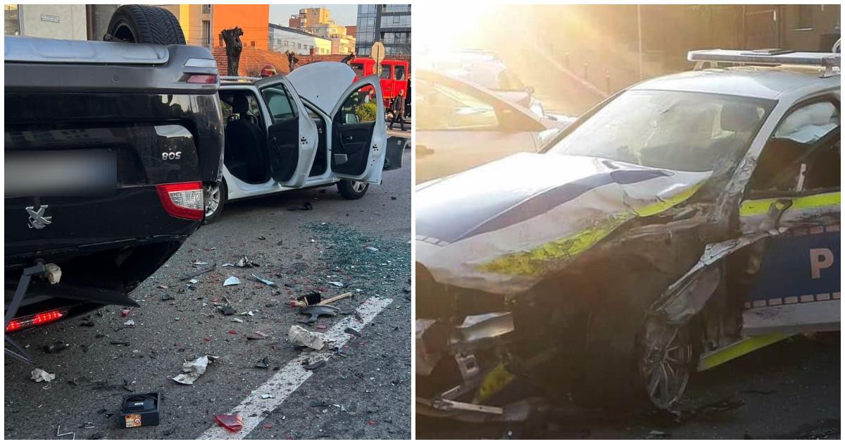 FOTO. Un nou BMW al Poliției Rutiere, distrus după un impact violent. Una dintre mașini s-a răsturnat