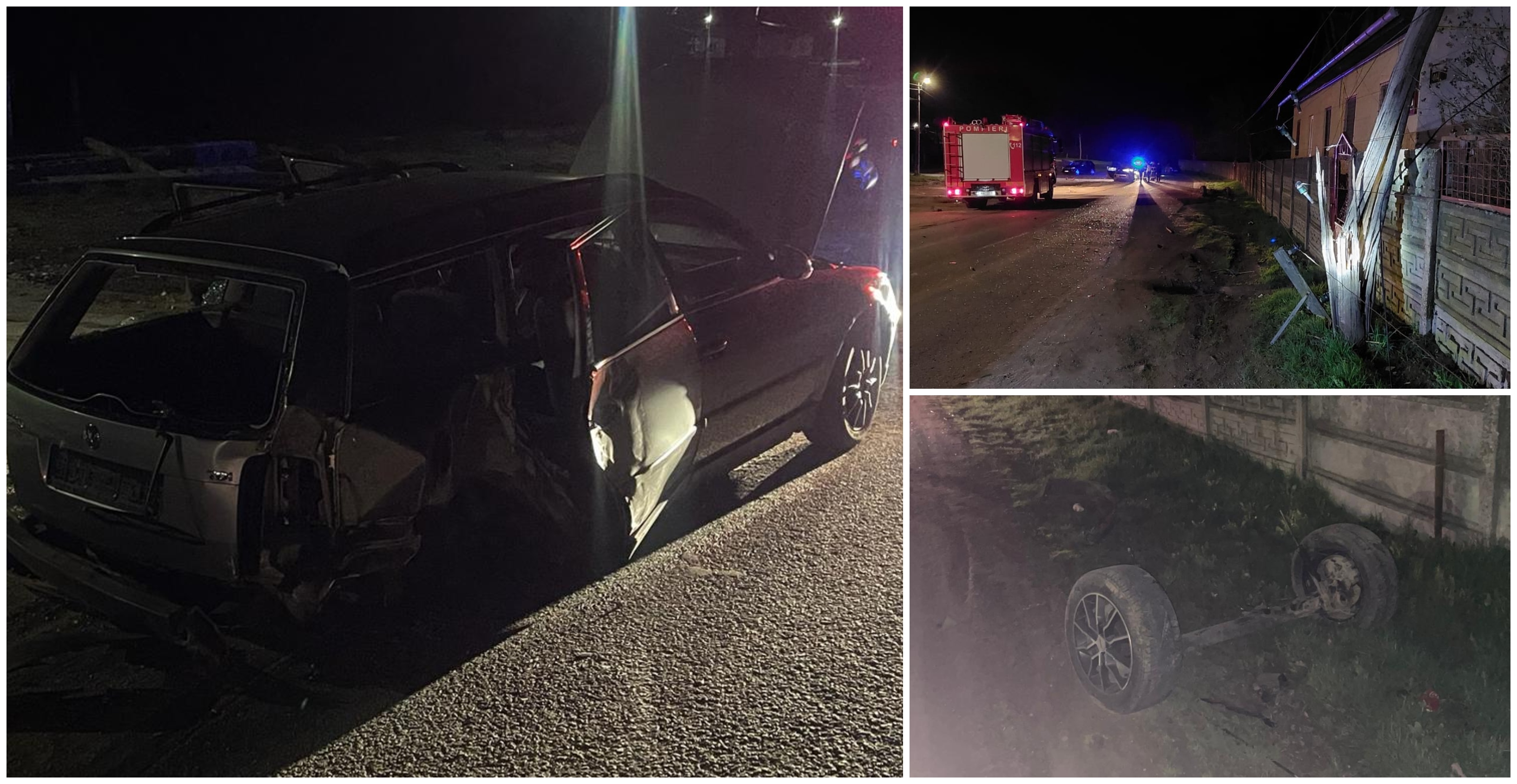 FOTO. Accident teribil, cu 4 victime în județul Satu Mare! Mașină în stâlp, i-au zburat roțile