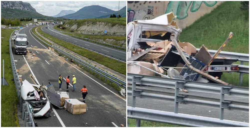 FOTO. Dubă cu numere de Satu Mare, făcută praf pe o autostradă din Spania. Șoferul a ajuns la spital