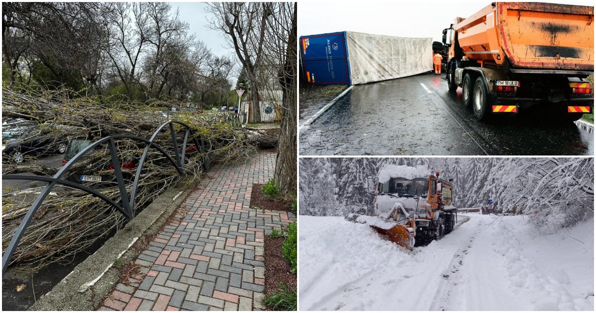 FOTO. Vremea rea face ravagii în țară: Zeci de autoturisme distruse, drumuri închise, inclusiv un TIR s-a răsturnat din cauza vântului