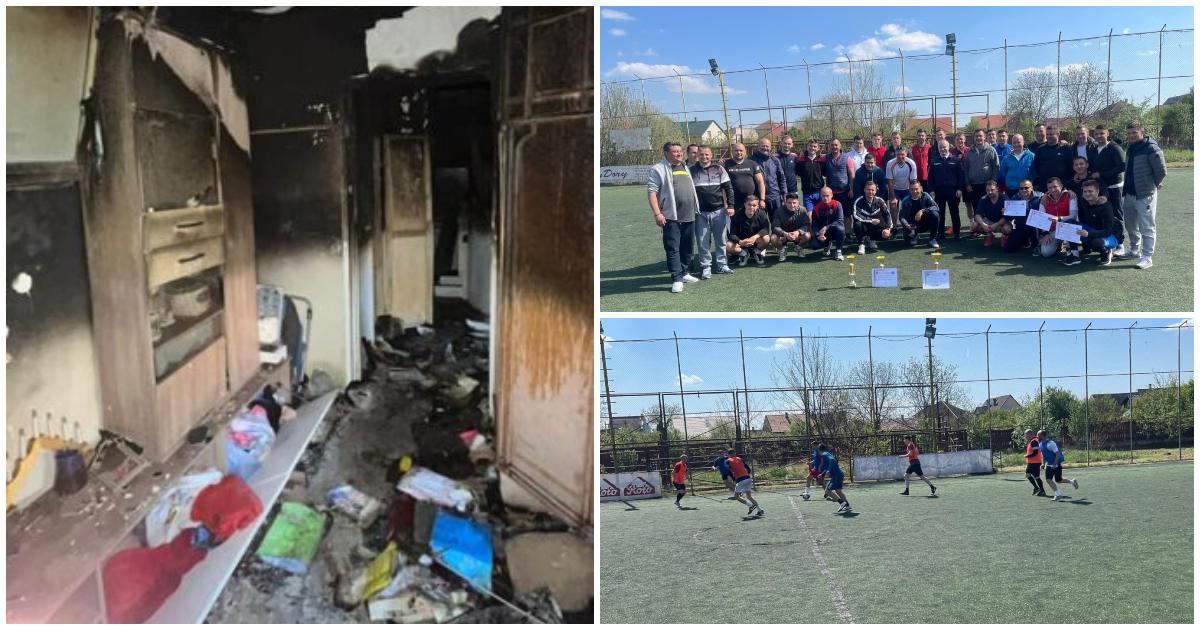 FOTO. Fotbal caritabil. Zeci de pompieri, în ajutorul sătmărencei cu trei copii cu apartamentul distrus de incendiu