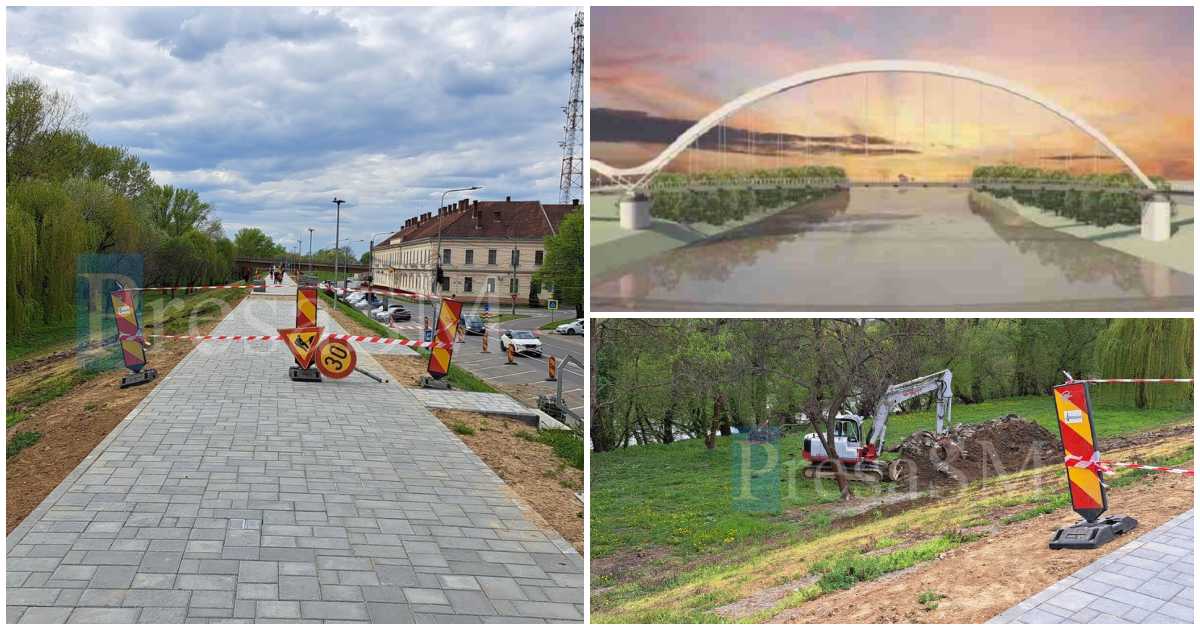 FOTO. A început construcția pasarelei peste Someș. Se lucrează la nivelul digului, în zona centrală