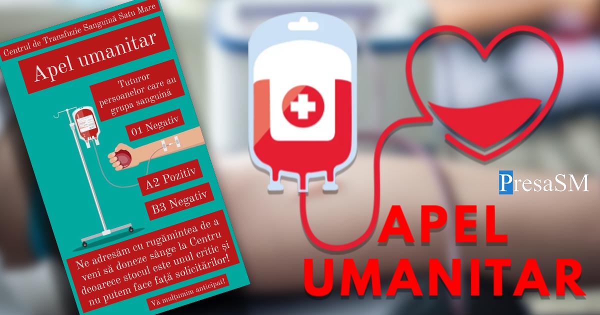 APEL UMANITAR Stoc critic de sânge la Satu Mare. Sătmărenii, rugați să doneze
