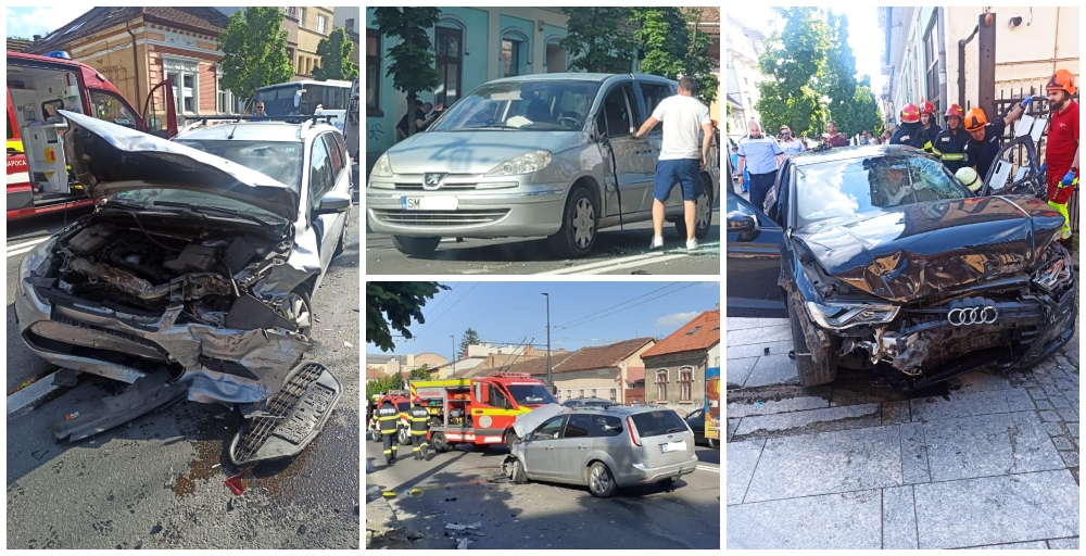 FOTO. Sătmăreni implicați într-un accident în lanț, cu 5 mașini și 4 răniți. Persoane încarcerate