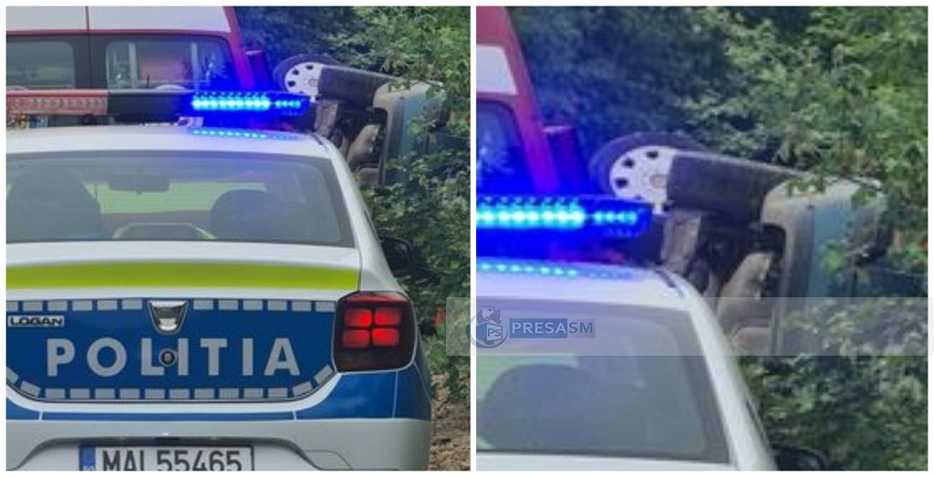 FOTO. Accident între Satu Mare și Micula. Mașină răsturnată în șanț, în pădure
