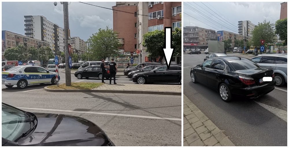FOTO. Misterul BMW-ului ”parcat” aproape în sensul giratoriu, pe Podul Golescu. Martor: ”A mers la Lidl”