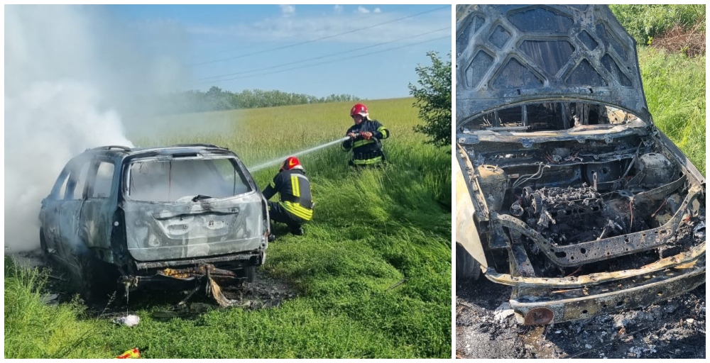 FOTO. Mașină făcută scrum, în județul Satu Mare. Pompierii nu au mai putut salva nimic