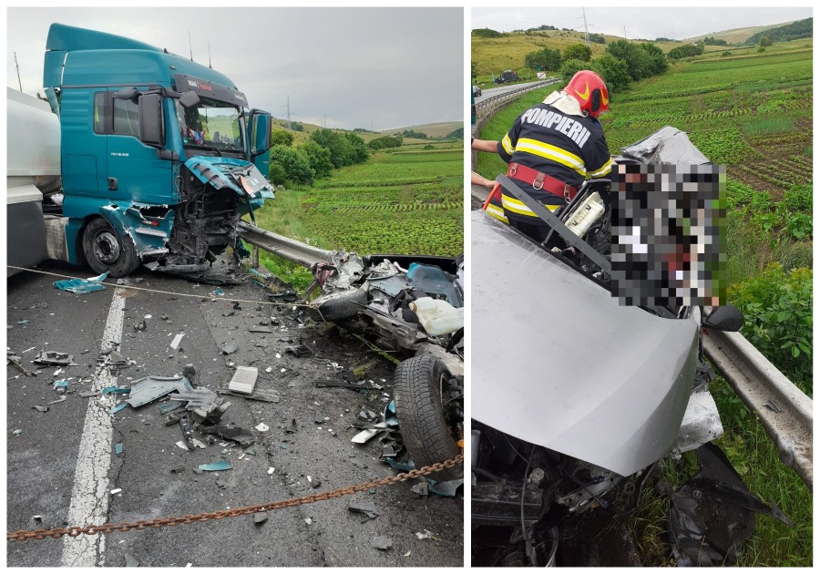 FOTO/VIDEO. Un tânăr (23 ani) și o tânără (24 ani) au murit. Coliziune frontală TIR cu mașină