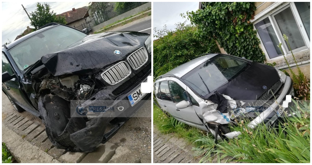 FOTO/VIDEO. O șoferiță s-a oprit cu mașina  lângă casă din județ. Două victime au ajuns la Urgență