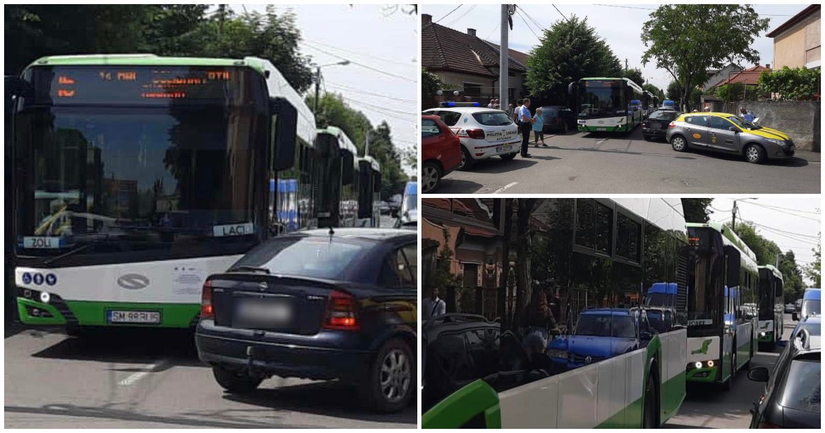 FOTO. Mai multe autobuze din Satu Mare, blocate în trafic din cauza mașinilor parcate pe apucate