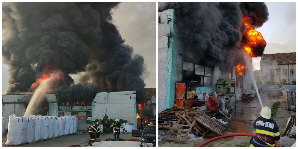 FOTO. Incendiu uriaș la o fabrică din județul Satu Mare. Norul de fum, vizibil de la zeci de km distanță