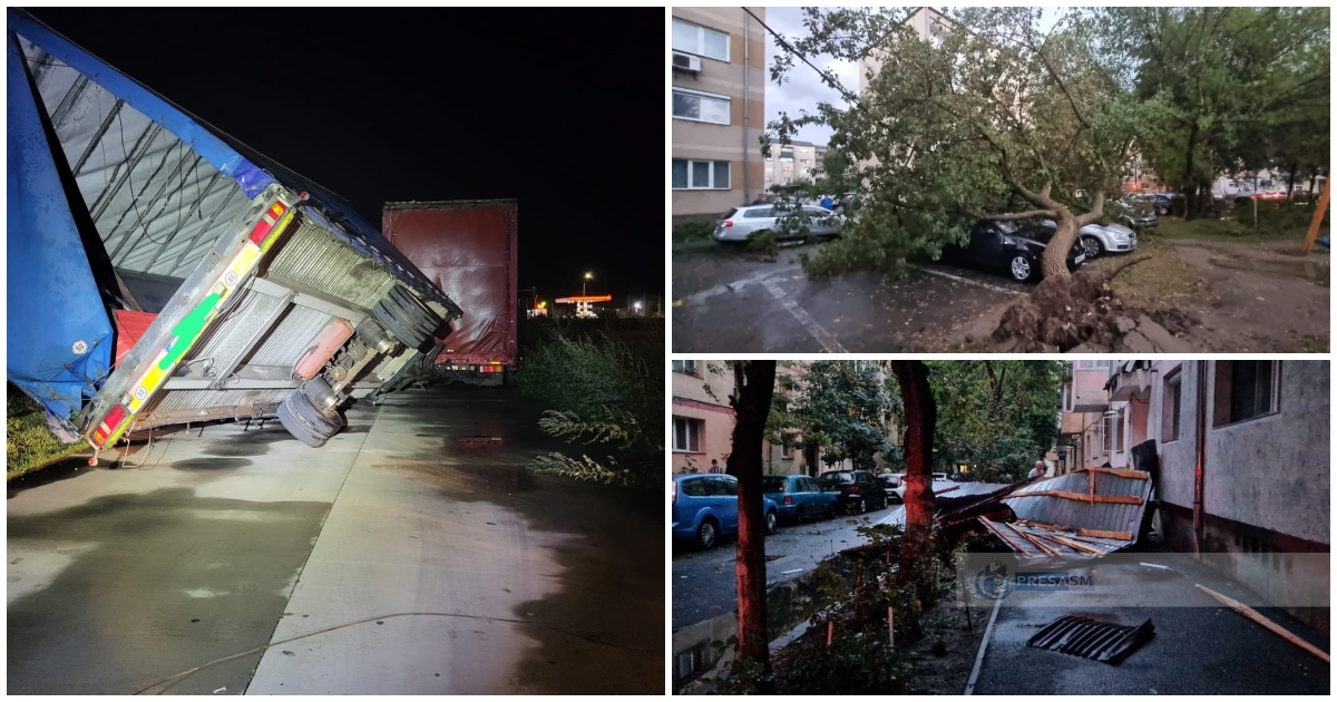 FOTO/VIDEO. Bilanț după furtună la Satu Mare: 11 copaci căzuți pe automobile, remorcă răsturnată, acoperiș smuls de vânt