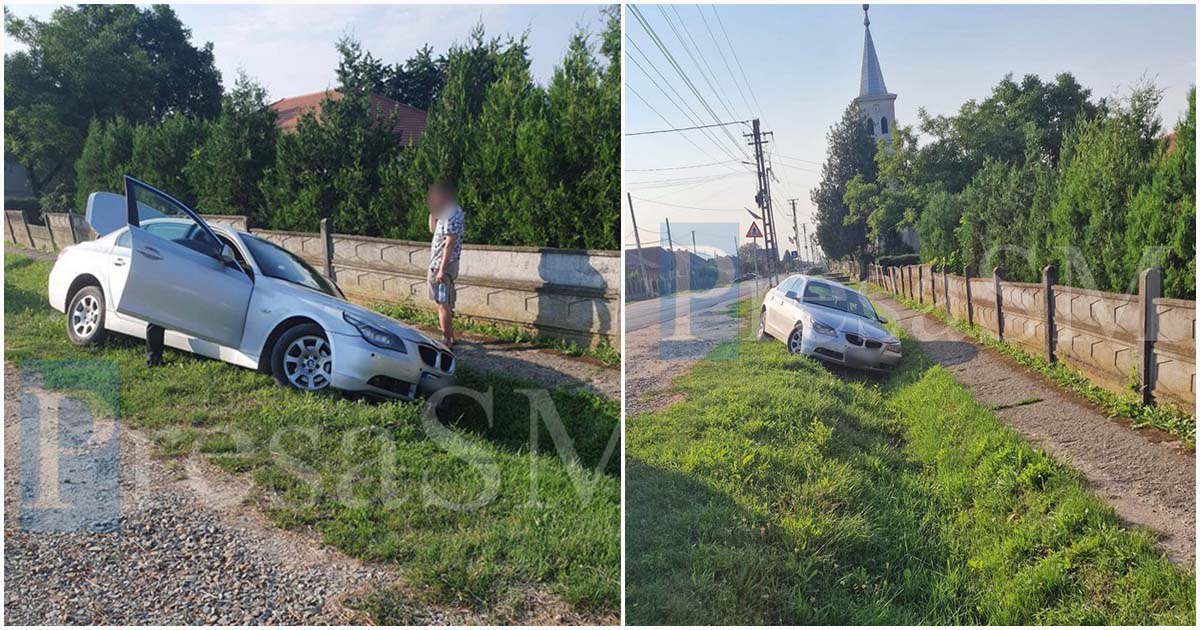 FOTO. Se întorc ”valorile”. Tânăr beat și drogat, cu mașina în șanț, în Păulești