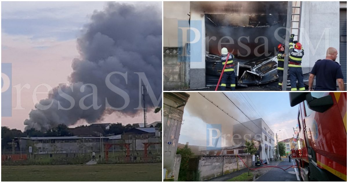 FOTO/VIDEO. Incendiu masiv la un service auto din municipiul Satu Mare. Mai multe mașini, cuprinse de flăcări