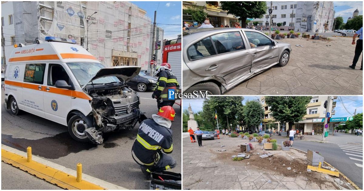 FOTO/VIDEO. Accident în municipiul Satu Mare. Impact între o ambulanță și un autoturism