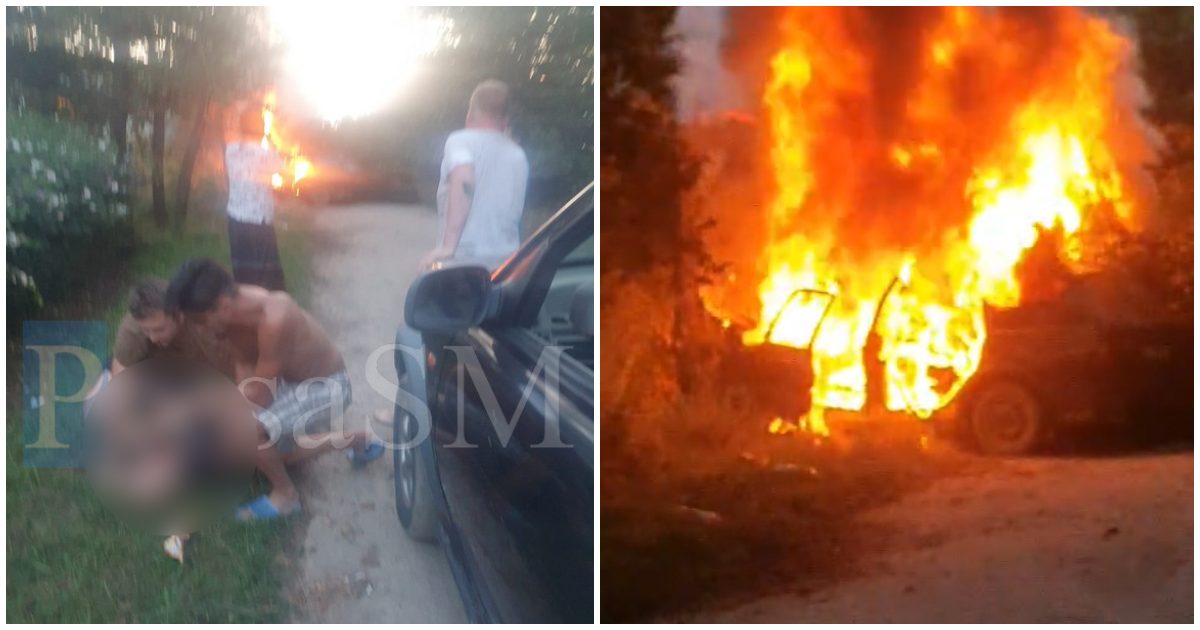 FOTO/VIDEO. Accident grav în județul Satu Mare. Mașină în flăcări după ce s-a izbit de un copac. Două persoane rănite