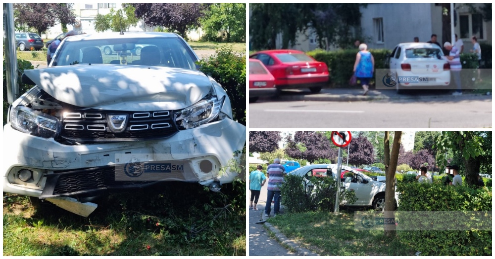 FOTO. La un pas de tragedie! Accident lângă Spitalul Județean, mașini proiectate pe trotuar și spațiul verde