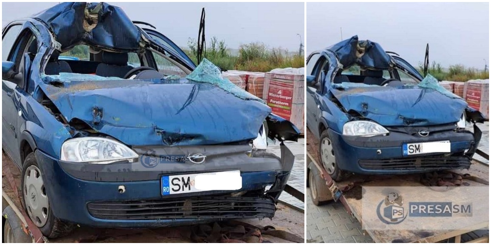 FOTO. Accident în județ. O tânără șoferiță a intrat cu mașina într-un utilaj agricol. Trei persoane rănite