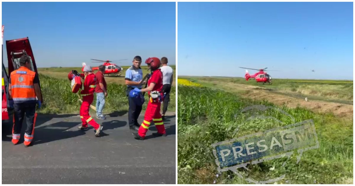 FOTO/VIDEO. Accident teribil între Carei și Tășnad. Mașină în șanț, victimă inconștientă. Elicopterul SMURD, chemat de urgență