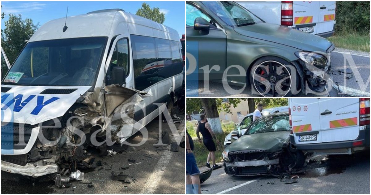 FOTO. Accident violent, în lanț, în județ. Coliziune între un microbuz cu pasageri și două mașini
