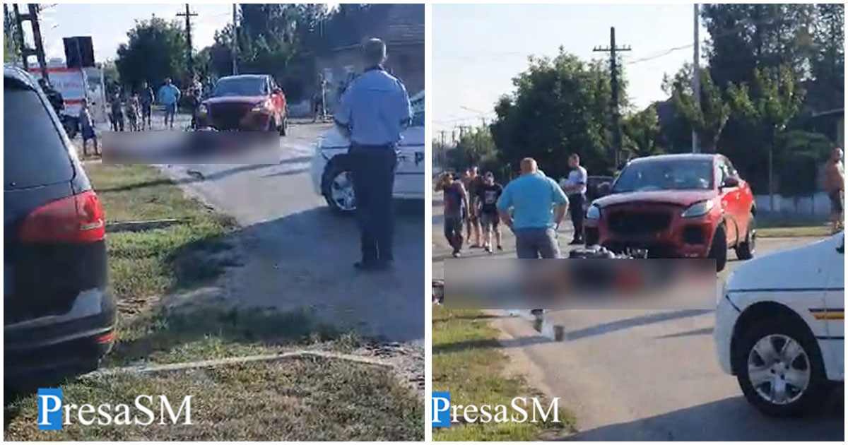 VIDEO. Accident grav în Carei. Motociclist lovit în plin de un bolid