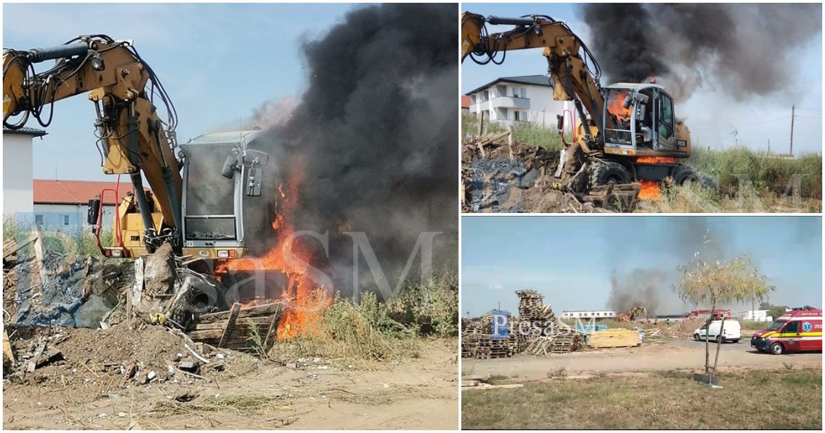 FOTO/VIDEO. Incendiu în județul Satu Mare. Utilaj  în flăcări, pe câmp. Pompierii și SMURD la fața locului