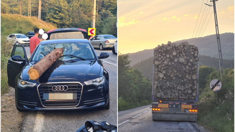 FOTO. Accident bizar în țară. Tinerii au scăpat ca prin minune. Parbriz străpuns de bușteanul căzut din TIR