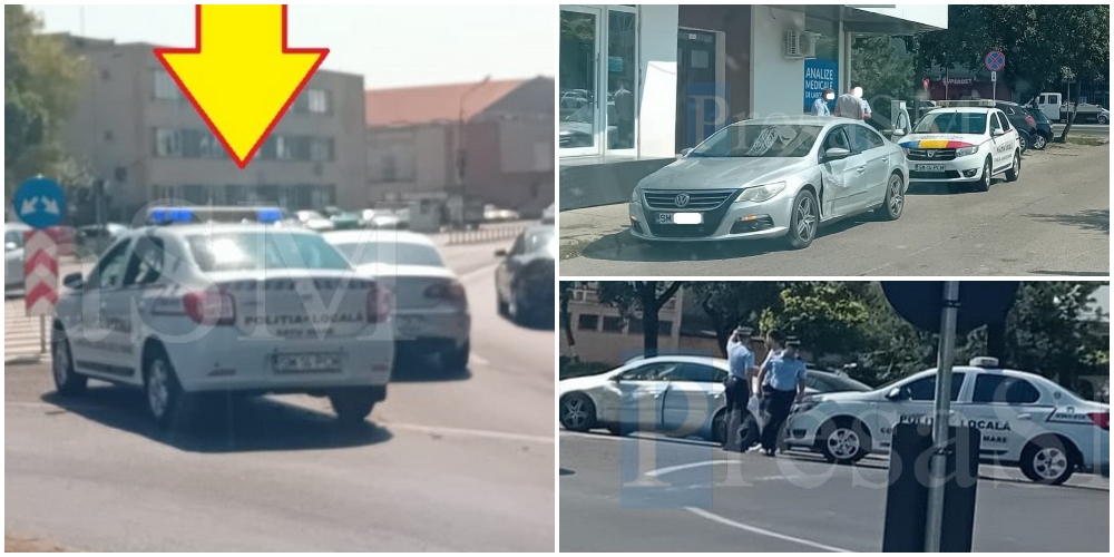FOTOGALERIE. Accident între mașina Poliției Locale și un Volkswagen, pe B-dul Lucian Blaga