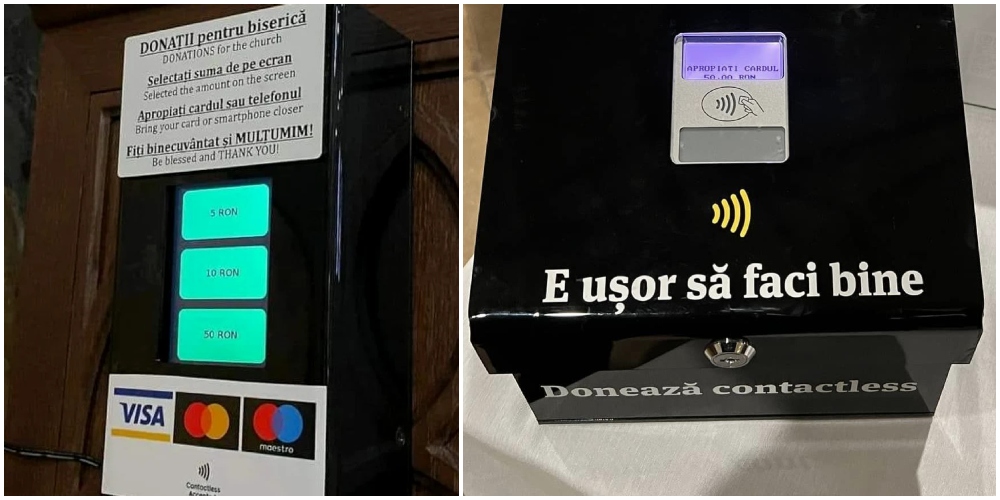 FOTO. Cutia milei electronică în biserici din Satu Mare. Plata cu cardul, fără cash