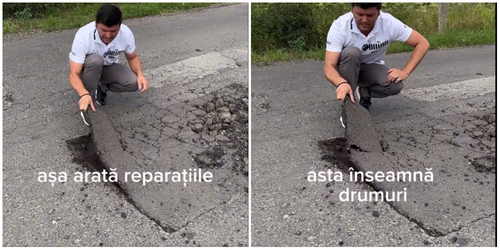 VIDEO. Așa ceva... În județul Satu Mare, asfaltul se poate rupe cu mâna!