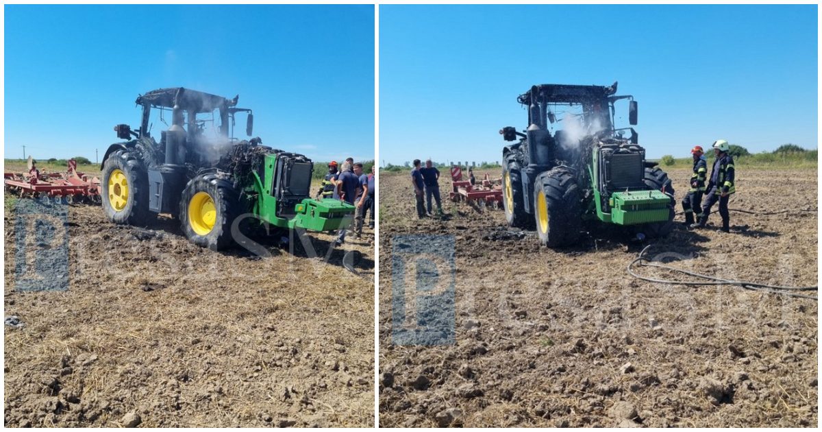 FOTO. Utilaj agricol în flăcări, pe un câmp din Satu Mare. Au intervenit pompierii
